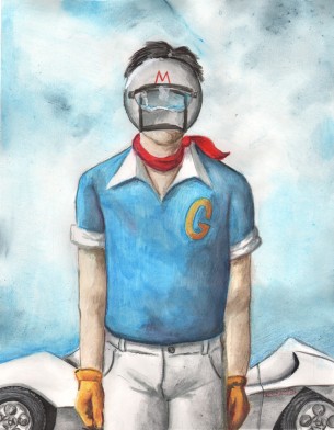 Back in the swing of things after a few weeks of getting little jobs done. Based on Magritte's Son of Man but with Speed from Speed Racer!